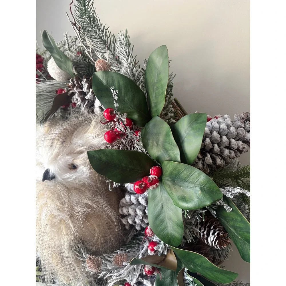 Woodland Owl Christmas Wreath Frosted Pinecone Berry Grapevine‎ Holiday Decor
